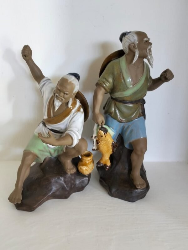 Vintage Chinese Ceramic Glazed Fishermen Figurines