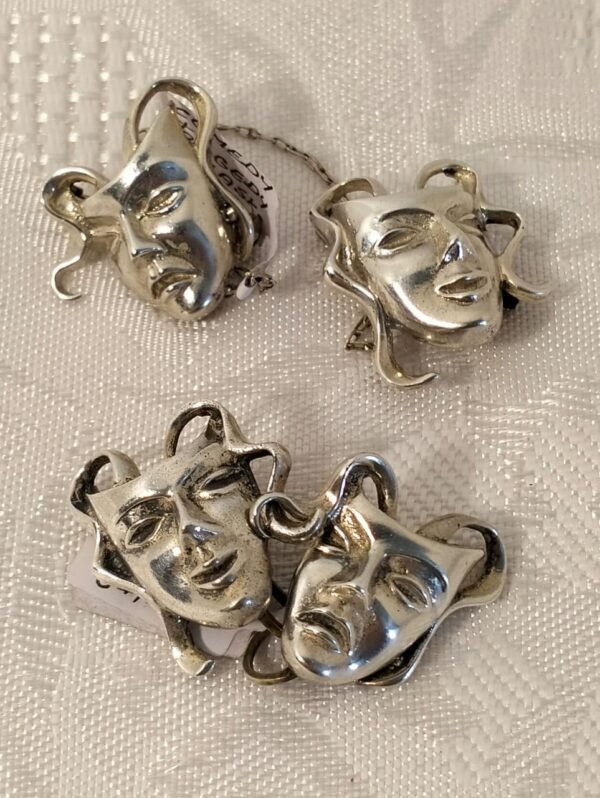 Sterling Silver Comedy and Tragedy Mask Brooch and Earrings