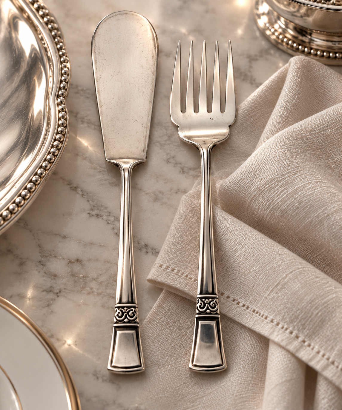 Unusual Antique Angora Plate Fish Slice and Fork Set 1 Unusual Antique Angora Plate Fish Slice and Fork Set