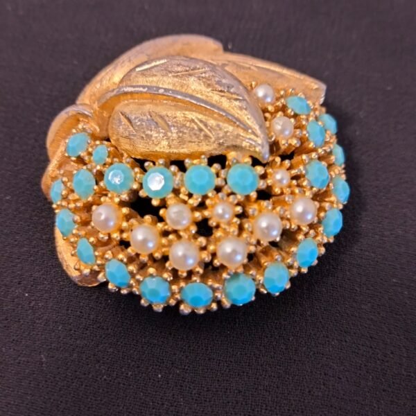Vintage 1950's Faux Peart and Turquoise Rhinestone Brooch - Image 3