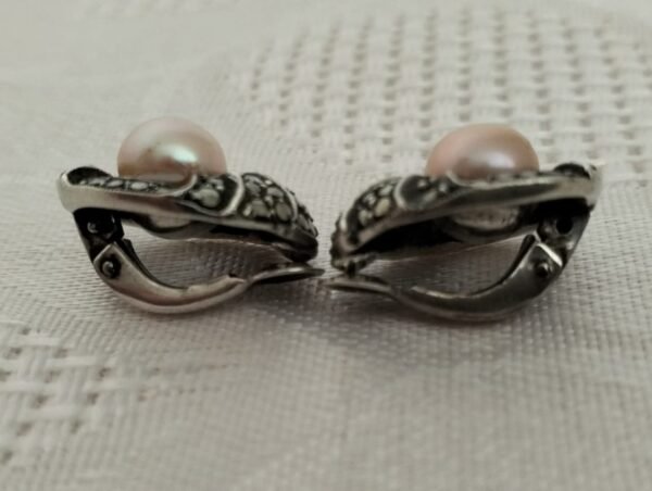 Attractive Vintage Marcasite Pink Fresh Water Pearl earrings - Image 2