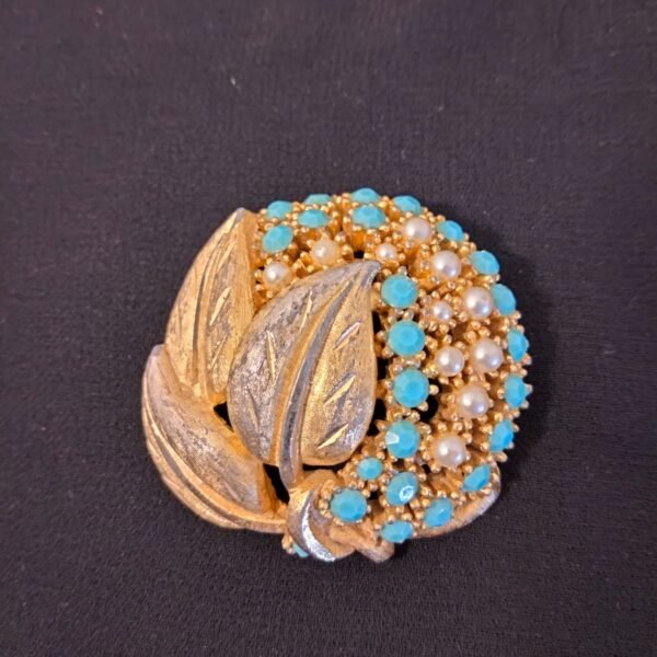 Vintage 1950's Faux Peart and Turquoise Rhinestone Brooch with leaves detail
