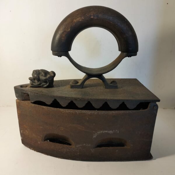 ANTIQUE COAL IRON WITH WOODEN HANDLE