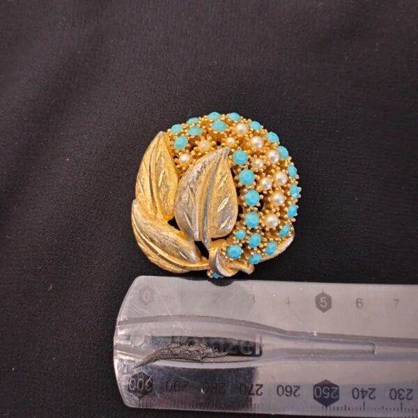 Vintage 1950's Faux Peart and Turquoise Rhinestone Brooch - Image 2