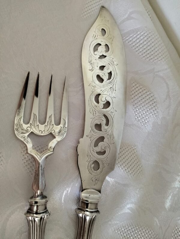 Antique Silver Plated Fish Serving Fork and Knife Set - Image 3