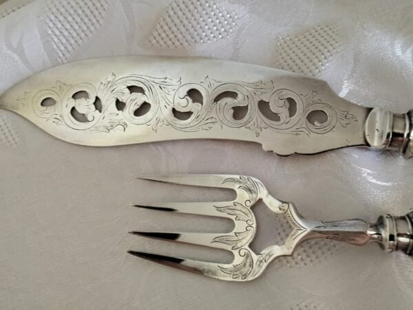 Antique Silver Plated Fish Serving Fork and Knife Set - Image 4