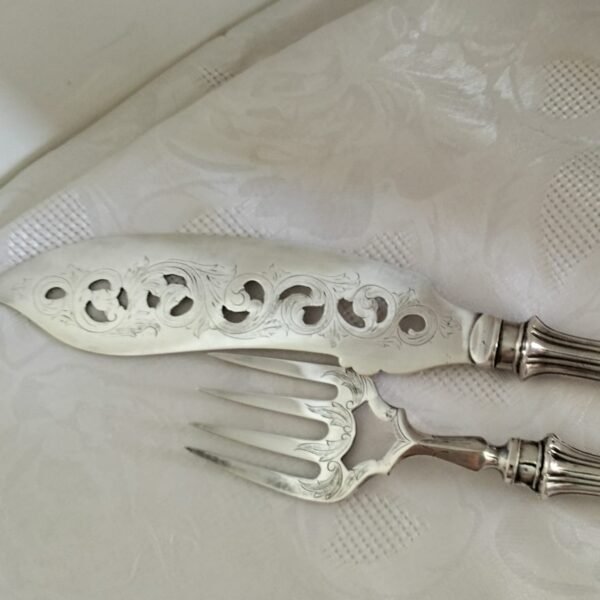 Antique Silver Plated Fish Serving Fork and Knife Set - Image 5