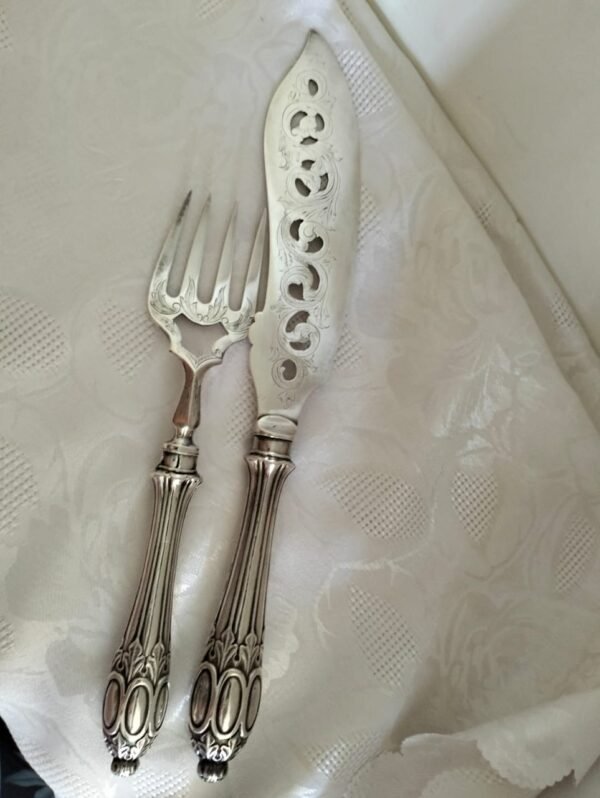 Antique Silver Plated Fish Serving Fork and Knife Set - Image 9