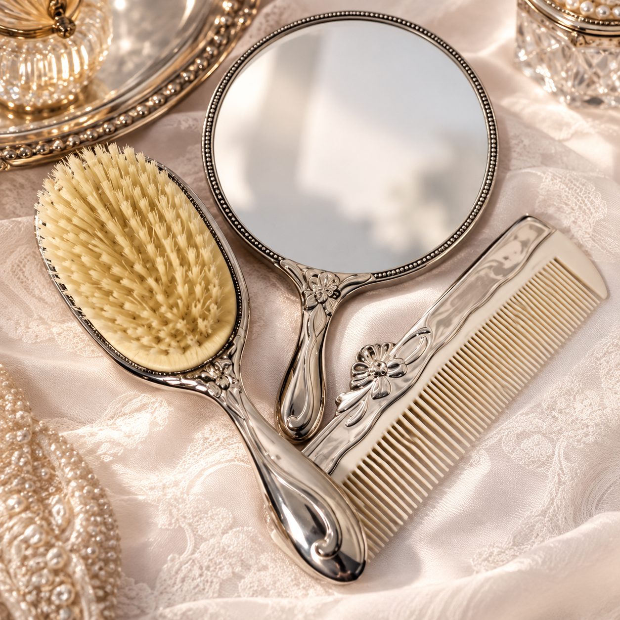 Vintage Art Nouveau 3 Piece Vanity Set 1 Vintage Art Nouveau 3 Piece Vanity Set