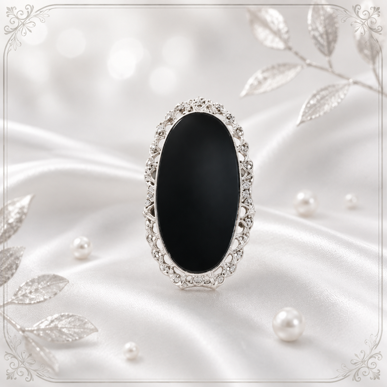 Charming Vintage Silver Onyx Brooch 1 Charming Vintage Silver Onyx Brooch
