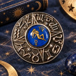 Vintage Virgo Zodiac Astrology Brooch – Blue, Gold & Silver Tone.