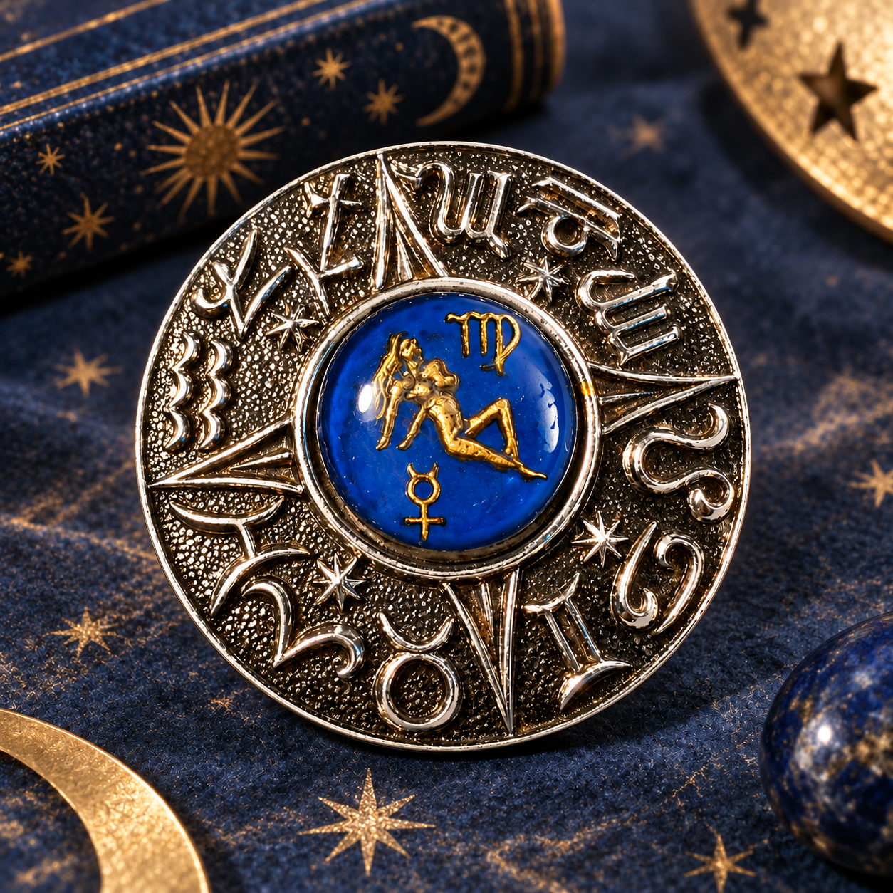 Attractive Vintage Virgo Zodiac Astrology Brooch 1 Vintage Virgo Zodiac Astrology Brooch – Blue, Gold & Silver Tone.